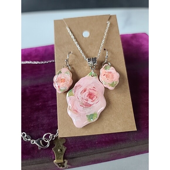925 Pink And Green Floral Polymer Clay Jewelry Set, NEW - Picture 1 of 10